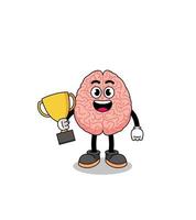 Cartoon mascot of brain holding a trophy vector