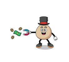 Character Illustration of money sack catching money with a magnet vector