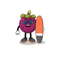 caricatura de mascota de mangostán como surfista vector