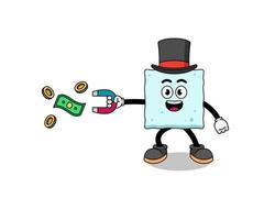 ilustración de personaje de terrón de azúcar atrapando dinero con un imán vector