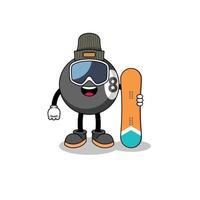 mascota, caricatura, de, bola de billar, snowboard, jugador vector