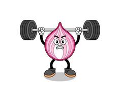 sliced onion mascot cartoon lifting a barbell vector