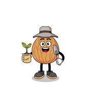 Illustration of almond cartoon holding a plant seed vector