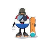 caricatura de mascota de jugador de snowboard de bandera holandesa vector