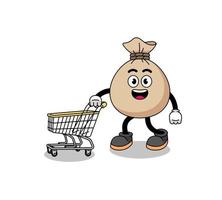 Cartoon of money sack holding a shopping trolley vector