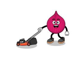 onion red illustration cartoon holding lawn mower vector