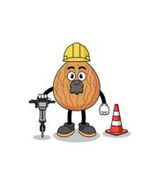 caricatura de personaje de almendra trabajando en la construcción de carreteras vector