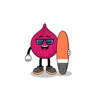 caricatura de mascota de cebolla roja como surfista vector