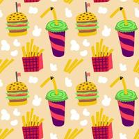 Seamless pattern with fast food, burger, fries and cola vector