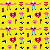 Seamless pattern with lips eyes and cartoon hearts faces vector