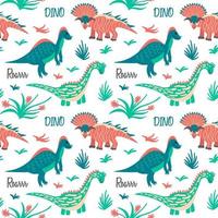patrón de dinosaurio exótico sin fisuras rodeado de plantas y hierba vector