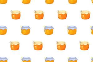 Honey seamless pattern. Cartoon colored jam jars on white background. vector