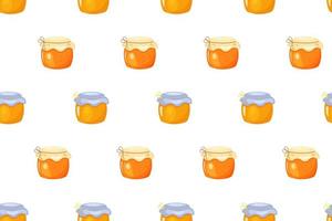 Honey seamless pattern. Cartoon colored jam jars on white background. vector