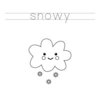 Trace the letters and color cute clouds with snowflakes. Handwriting practice for kids. vector