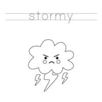 Trace the letters and color angry cloud with lightnings. Handwriting practice for kids. vector