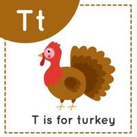 Learning English alphabet for kids. Letter T. Cute cartoon turkey. vector