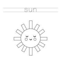 Trace the letters and color cute kawaii sun. Handwriting practice for kids. vector