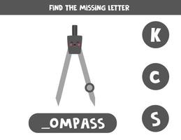 Find missing letter with cute drawing compass. Spelling worksheet. vector