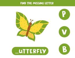 Find missing letter. Cute butterfly. Educational spelling game for kids. vector