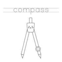Trace the letters and color cute kawaii compass. Handwriting practice for kids. vector