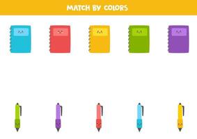 Color matching game for preschool kids. Match copybooks and pens by colors. vector