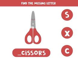 Find missing letter with cute scissors. Spelling worksheet. vector