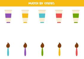 Color matching game for preschool kids. Match paint tubes and brushes by colors. vector