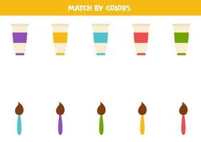 Color matching game for preschool kids. Match paint tubes and brushes by colors. vector