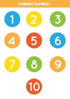 Learning numbers from 1 to 10 in colorful circles. Flashcards for preschool kids. vector