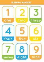 Learning numbers cards from 1 to 10. Colorful flashcards. vector