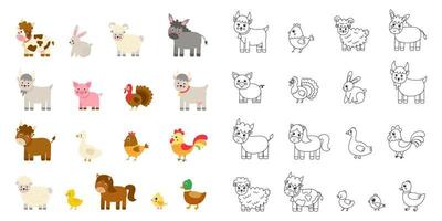 conjunto de lindos animales de granja vectoriales. versión en blanco y negro. vector