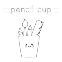 Trace the letters and color cute pencil cup. Handwriting practice for kids. vector