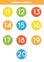 Learning numbers cards from 11 to 20. Colorful flashcards. vector