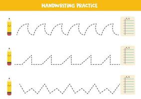 Tracing lines with cute pencil and sheet of paper. Writing practice. vector