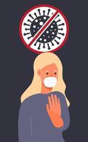 Girl is wearing mask and is calling to support self-isolation to prevent corona-virus spreading. Caution sign with Covid-19 virus on the black background. Global quarantine vector