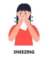 Sneezing, cough girl icon vector. Flu, cold, coronavirus symptom is shown. Woman sneeze in hands taking wipe. Infected person illustration. Respiratory concept. vector