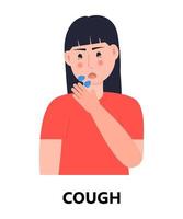 Sneezing, cough girl icon vector. Flu, cold, coronavirus symptom is shown. Woman sneeze in hands taking wipe. Infected person illustration. Respiratory disease vector