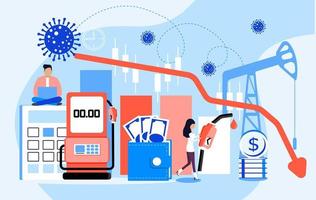 Oil price decreasing concept vector. Petroleum market crisis. Corona-virus impact on falling oil prices.Red arrow goes to zero. Tiny businessmen in a panic. Oil rig, gas station, barrel vector