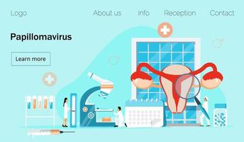 Papillomavirus concept vector for homepage of medical website. HPV is reason of cervical cancer. Tiny doctors treat papilloma virus.