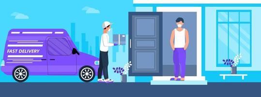 Safe delivery service door to door. Contactless delivery during corona-virus epidemic. Man is carrying box. Courier is wearing a medical mask and gloves. vector