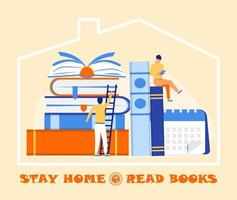 Coronavirus prevention concept vector. Tiny people are reading a book and asking that everybody stays at home. Social campaign and support people in self-isolation. Online library, learning vector