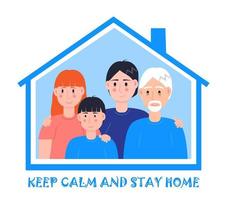 Smiling family is standing together near window and asking that everybody stays at home. Social campaign and support people in self-isolation. Coronavirus prevention vector. vector