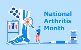 National arthritis month is celebrated in May in USA. Blue ribbon sign. Rheumatism, osteoarthritis problems. Healthcare flat concept vector on the blue background for banner