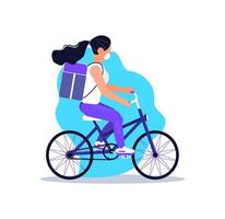 Safe, contactless delivery service door to door. Food delivery and online order concept vector for app. Girl is riding bicycle with restaurant meal. Pizza courier wearing mask.