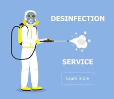 Disinfectant worker is wearing gas mask and suit. Man is carrying gas cylinder for disinfection of area. Toxic and chemicals protection vector for web, app. Spraying of antiseptic or sanitize smokes