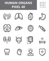 Human organs icon set vector. Throat, syringe, hospital are shown. Kidneys, liver, heart, intestine outline symbol for website in 48 pixel. Bladder, stomach, lungs illustration.