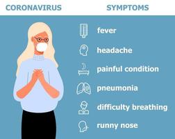 vector de gráficos de información del virus de la corona. niña infectada con máscara médica. Se muestran los síntomas de covid-2019. se muestran iconos de fiebre, dolor de cabeza, secreción nasal, neumonía.