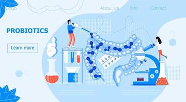 Tiny people give intestine probiotic bacteria, lactobacillus. Healthcare landing page, immunity support concept vector for horizontal banner, poster, flyer, website. Symbol of useful milk