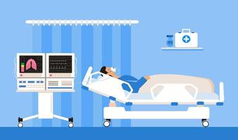 equipo de reanimación para pacientes inconscientes. clínica de unidad de cuidados intensivos con sensor de oxígeno de aire para ventilación médica. tratamiento del paciente con vector de concepto de coronavirus.