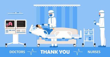 Thank you doctors and nurses working in the hospitals. Intensive care unit clinic with air oxygen sensor is shown on the background. Thanks to doctors for fighting coronavirus. vector